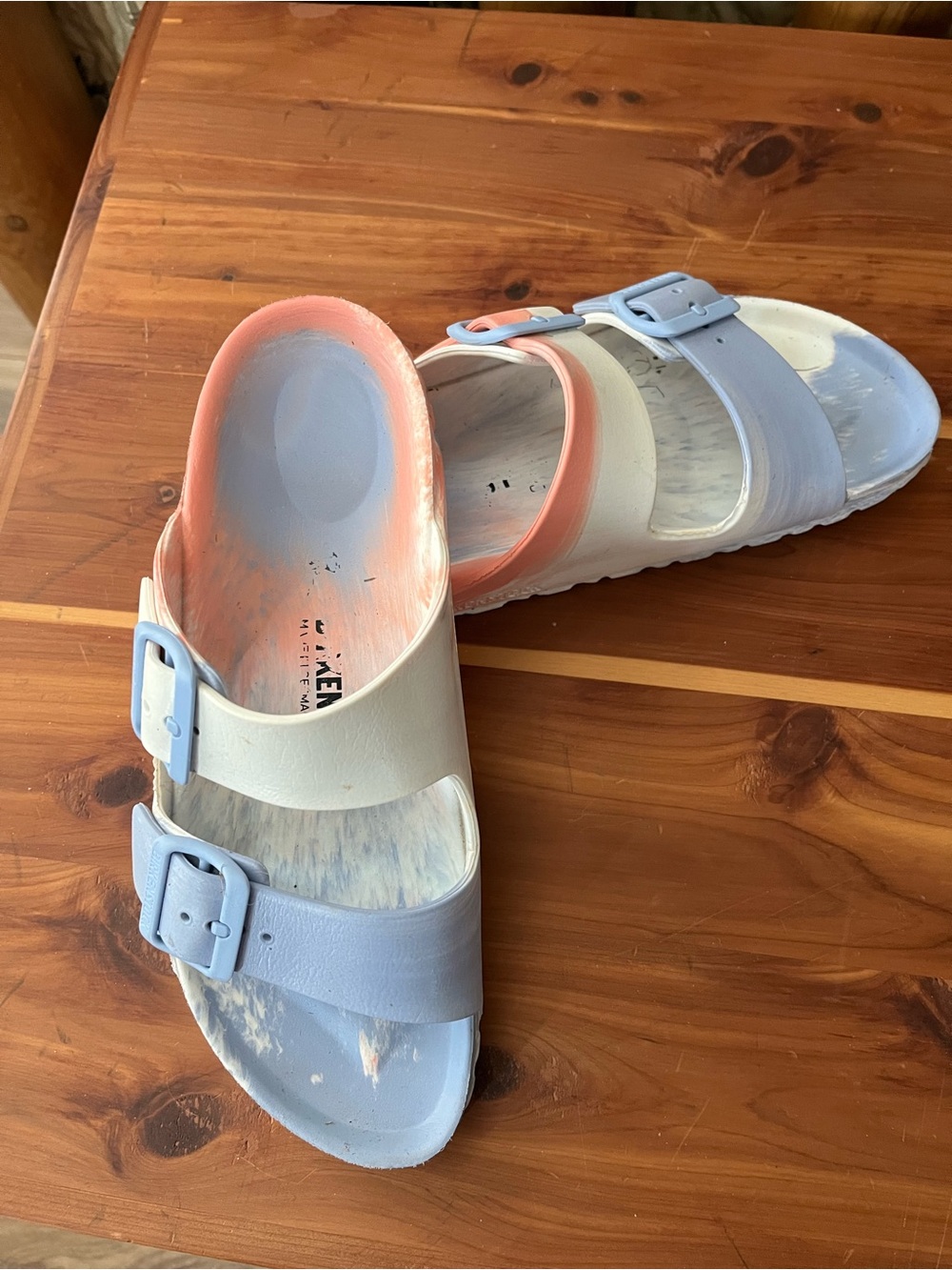 Birkenstock Two-Band Slide Sandals in Pastel Blue, Pink & White